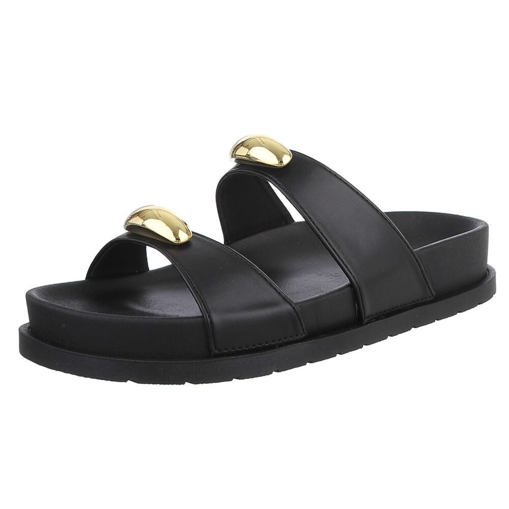 Ital-Design Bequeme Damen-Sandalen mit goldenen Details – Beige Pantolette (89368722) Flach Pantoletten in Schwarz