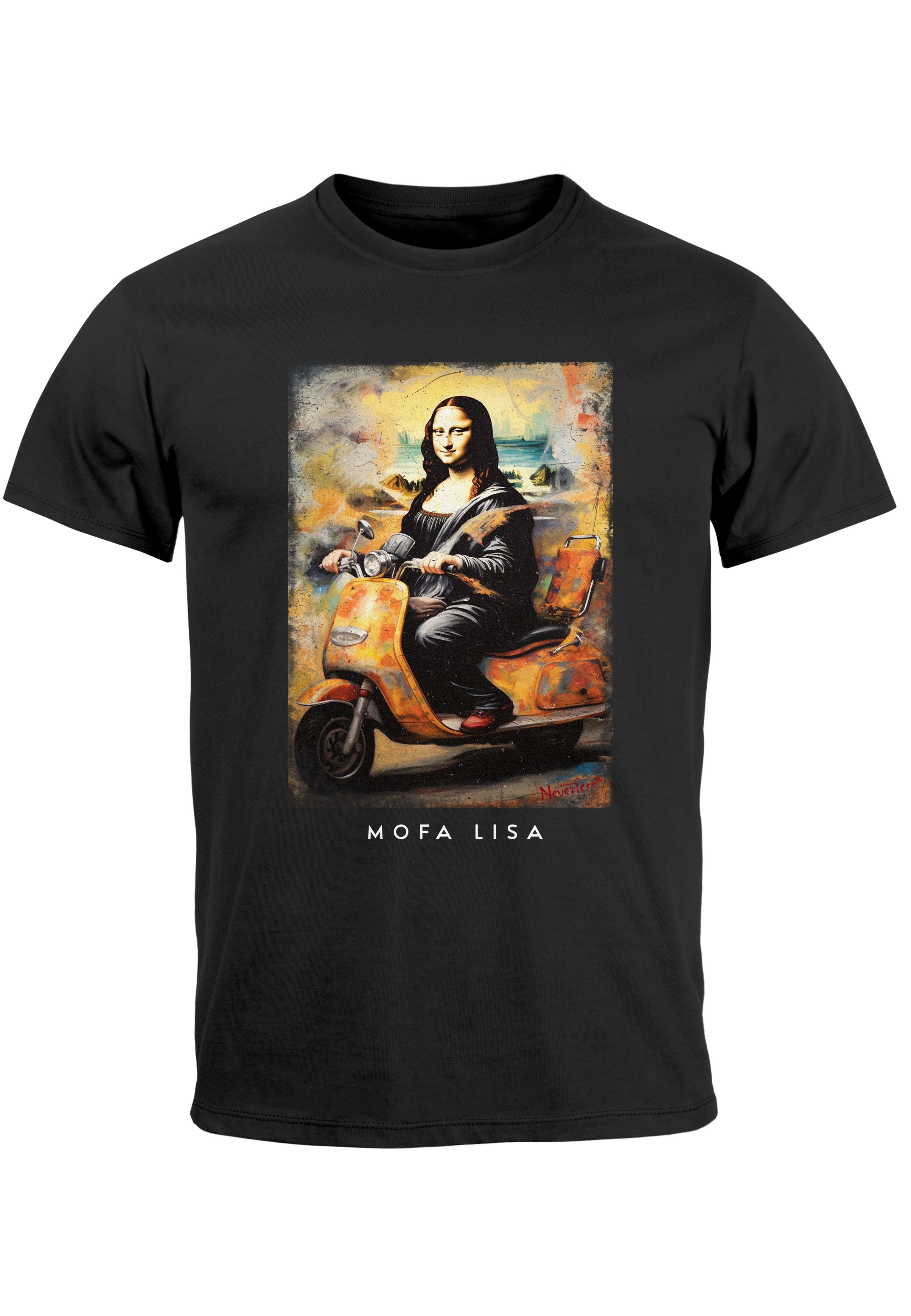 MoonWorks Print-Shirt Herren T-Shirt Print Aufdruck Mona Lisa Parodie Meme Kapuzen-Pullover mit Print Mofa Lisa schwarz