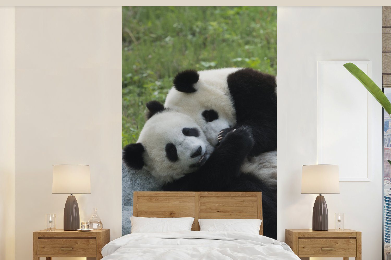 MuchoWow Fototapete Pandas - Gras - Stein, Matt, bedruckt, (2 St), Vliestapete für Wohnzimmer Schlafzimmer Küche, Fototapete