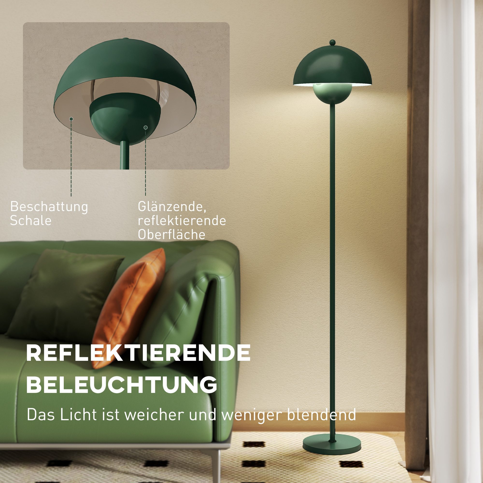 HOMCOM Stehlampe Wohnzimmer Stehleuchte mit rundem Schirm, Fußschalter E27 Fassung, Fußschalter, reflektierender Lampenschirm, ohne Leutchmittel, Fußschalter fü – Bild 5 von 5