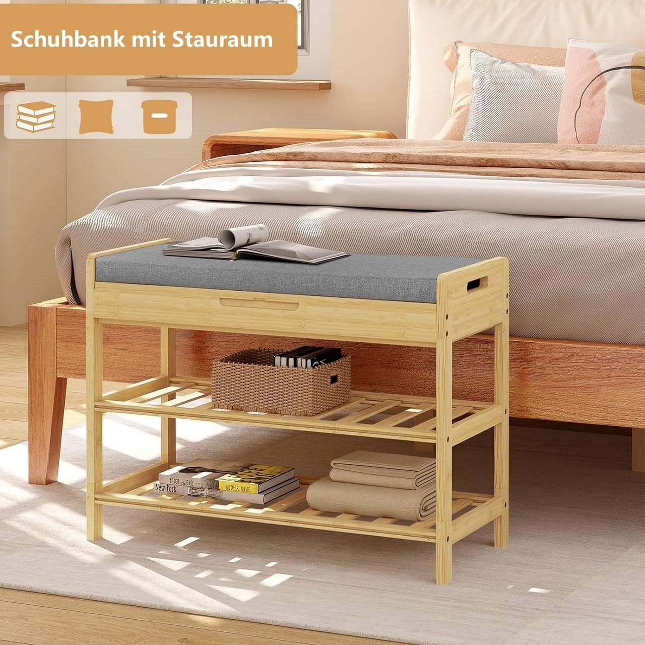 Woltu Schuhregal, Schuhbank aus 1-tlg., Bambus mit Sitzbank