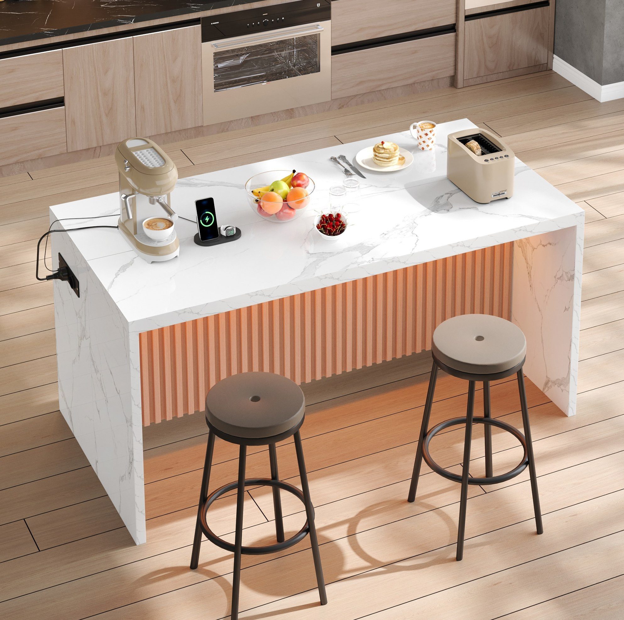 OKWISH Kücheninsel Küchenmöbel mit 2 Steckdosen und 2 USB Anschlüssen, (Arbeitsplatte 40 mm im Industrial Stil für moderne Küche), 155×80×90 cm Küchenblock mit weißer Marmorfront und LED