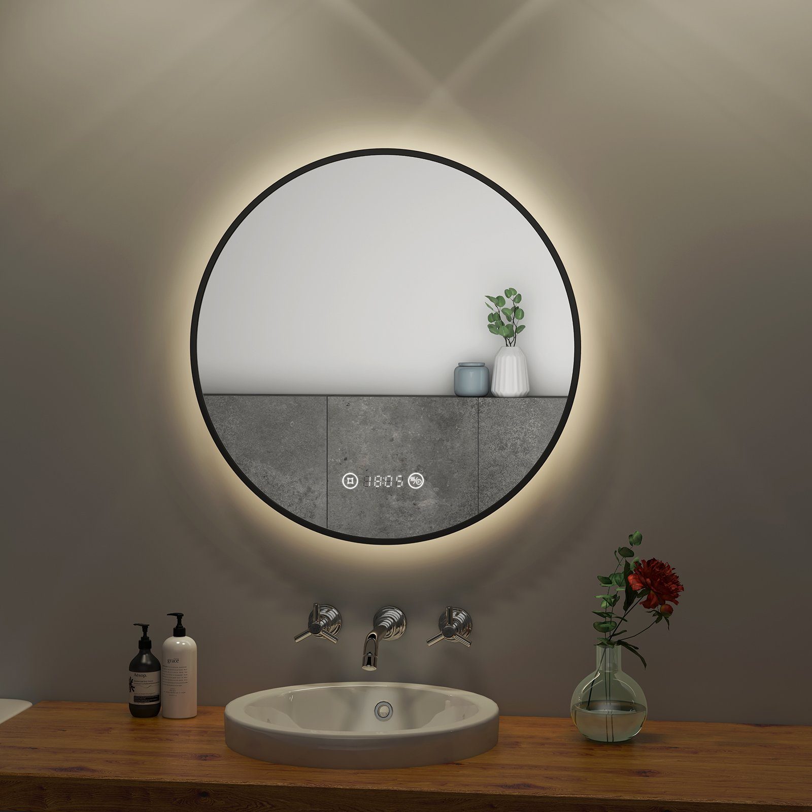 S'AFIELINA Badspiegel LED-Lichtspiegel, rund, mit beleuchtung Neutralweiß Schwarzer Metallrahmen., 4300K,Beschlagfrei,Zeit,Temperatur,IP44