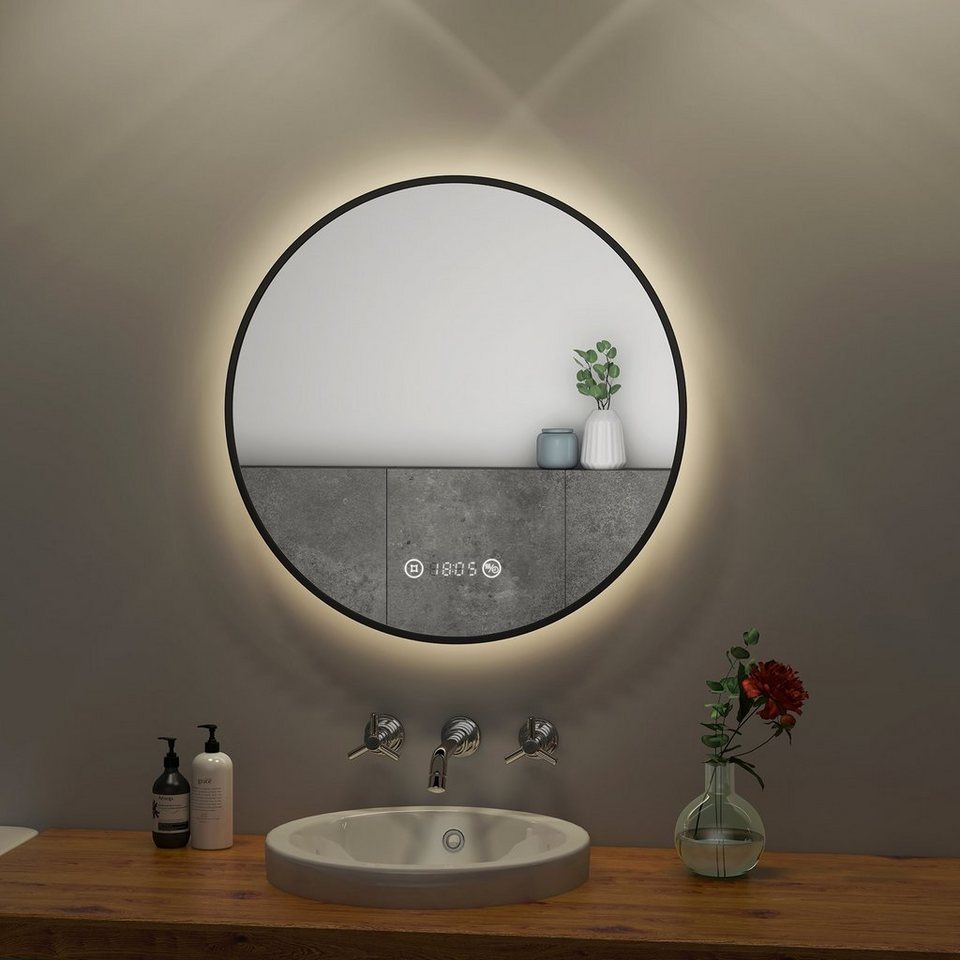 S'AFIELINA Badspiegel LED-Lichtspiegel, rund, mit beleuchtung Schwarzer  Metallrahmen., Neutralweiß 4300K,Beschlagfrei,Zeit,Temperatur,IP44
