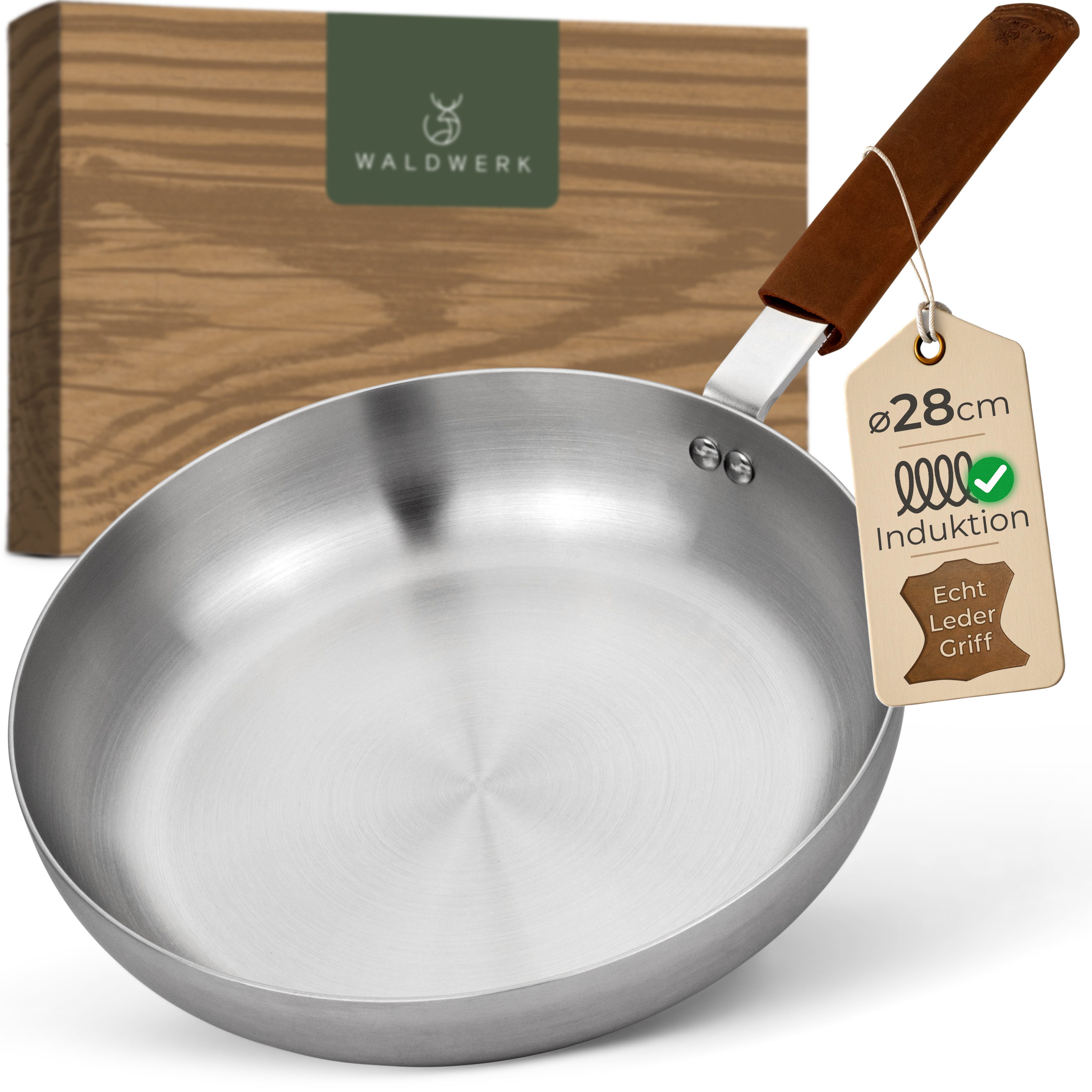 Waldwerk Bratpfanne Edelstahl (28 cm) - Induktionsgeeignet und Ofenfest - unbeschichtet, Edelstahl, mit Lederüberzug - Pfanne aus Edelstahl ohne Beschichtung