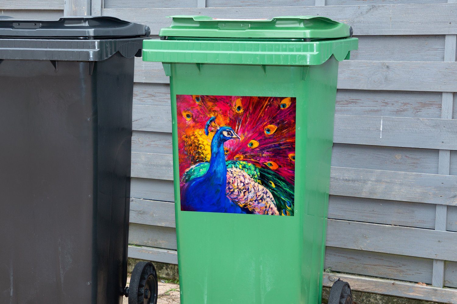 Container, - (1 MuchoWow - Sticker, St), Ölgemälde Wandsticker Abfalbehälter Pfau Gemälde - Mülleimer-aufkleber, Vogel Mülltonne,