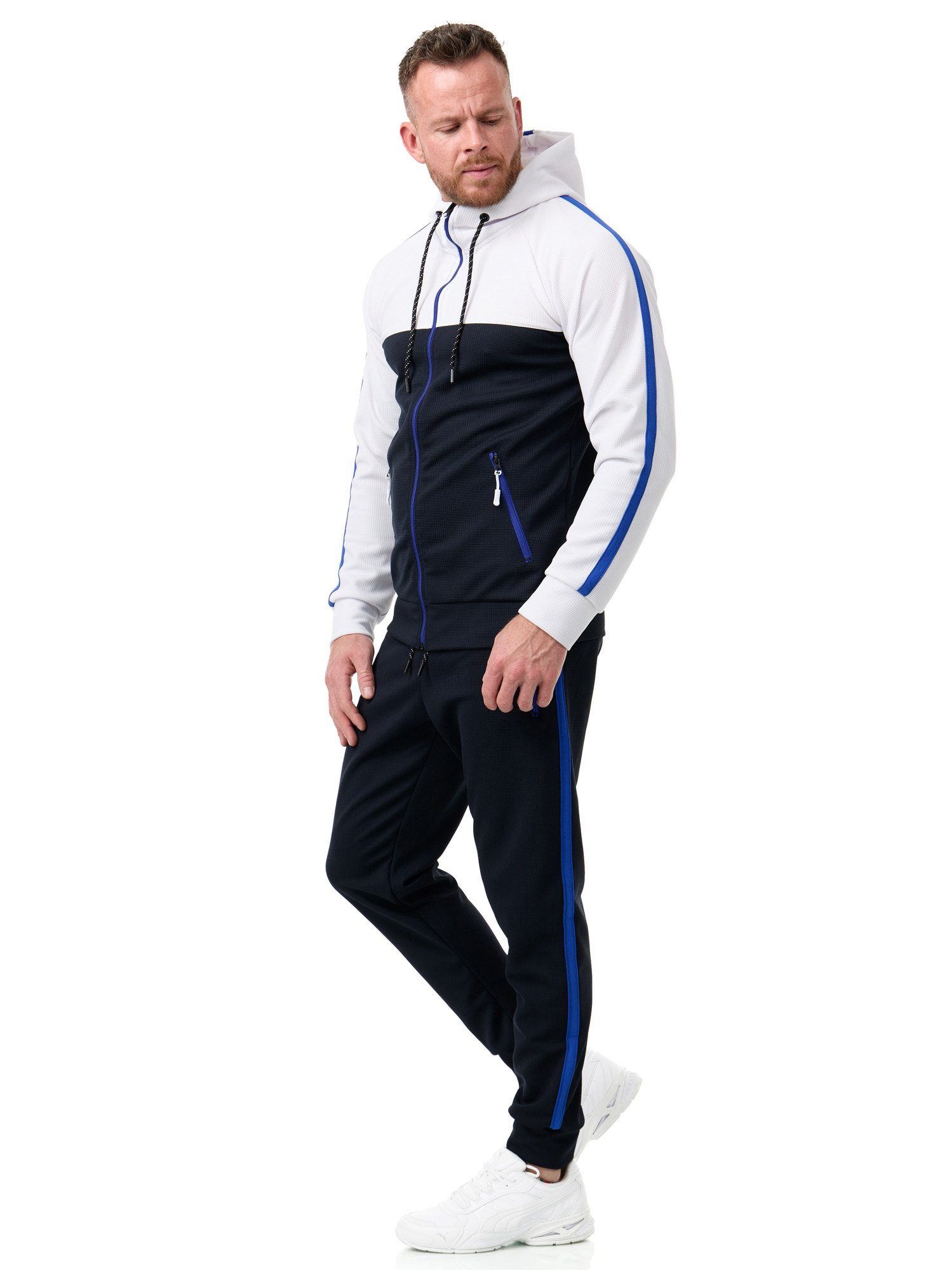 L.gonline Freizeitanzug Herren Jogginganzug Freizeitanzug Sportlich 3750 (Kapuzenjacke mit Reißverschluss, Hose, 2-tlg), mit Streifen