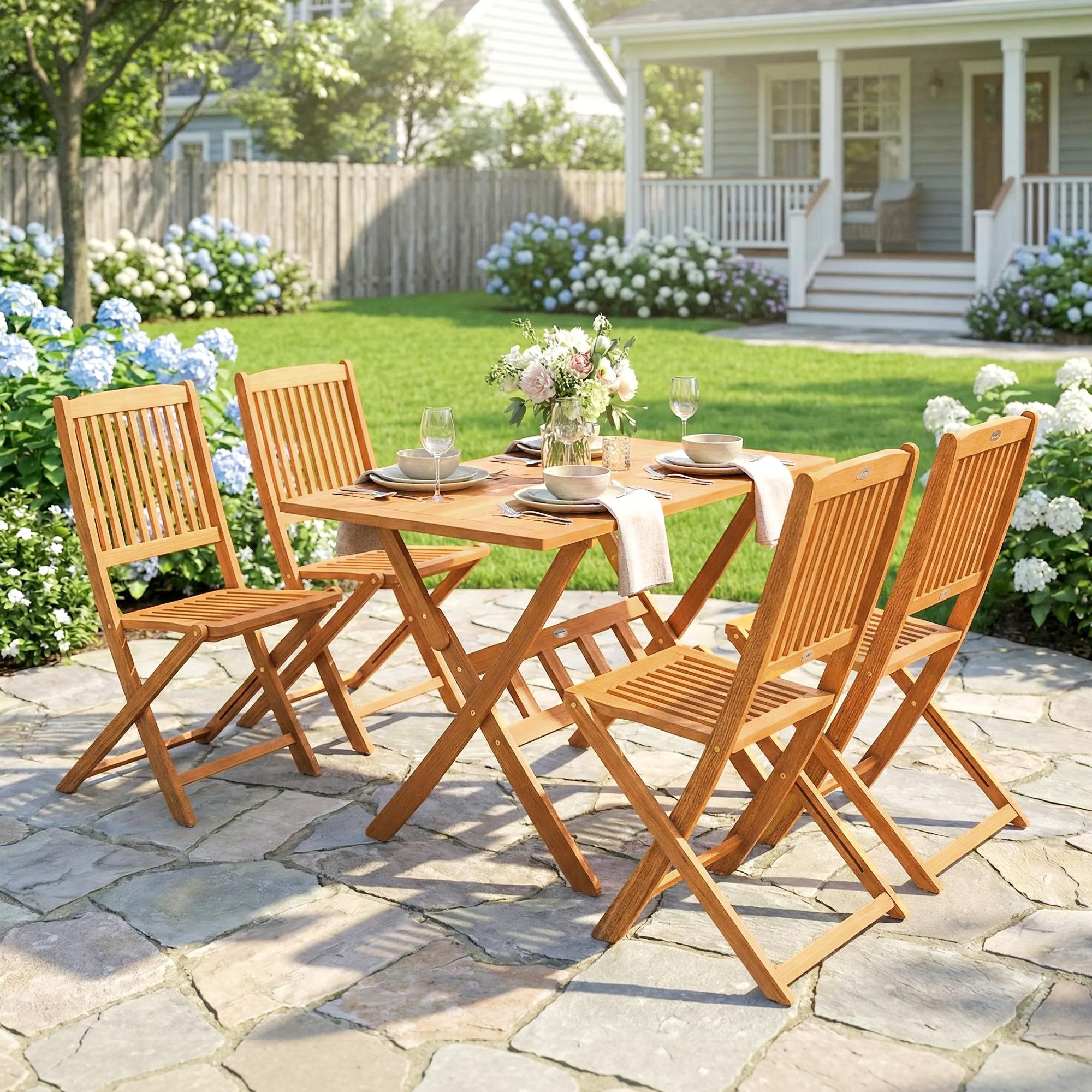 Outsunny Garten-Essgruppe Akazienholz Klappbar Tisch mit 4 Klappstühlen Gartenset, (Sitzgruppe, 5-tlg., Gartenmöbel Set), für Garten Balkon Naturholz