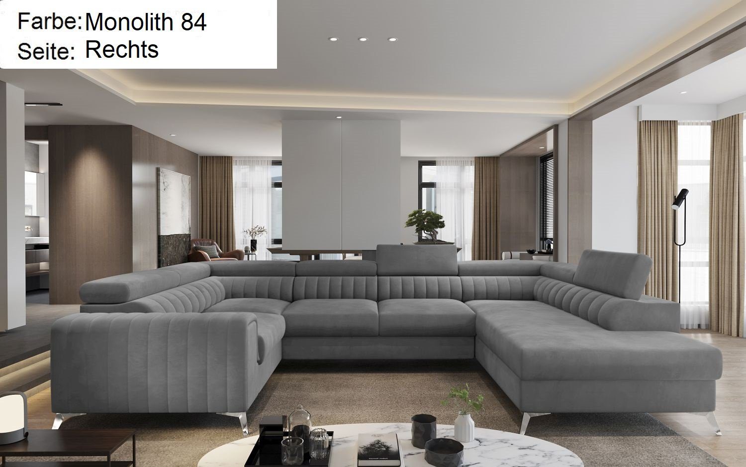 Lukas Möbel Wohnlandschaft Wohnlandschaft Linus mit Schlaffunktion Bettkasten XXL-Sofa in U-Form, mit verstellbaren Kopfstützen