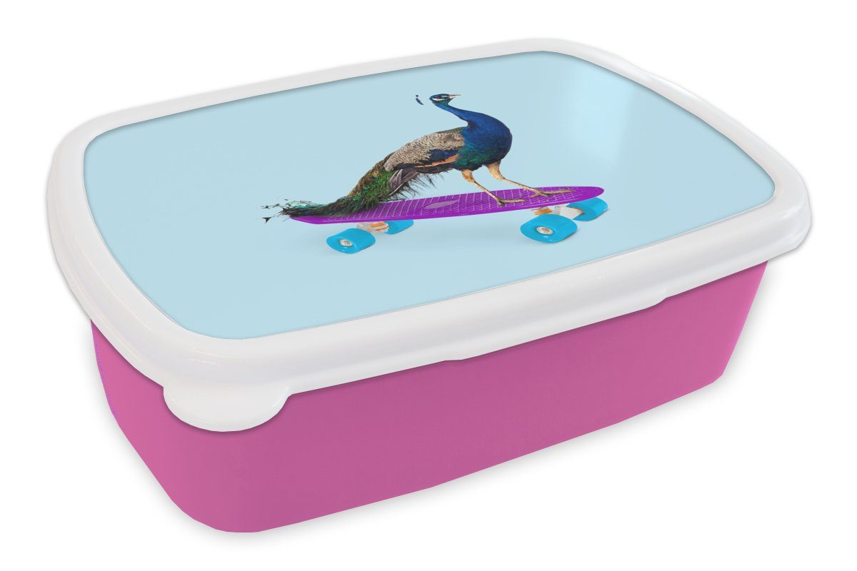 MuchoWow Lunchbox Pfau - Blau - Skateboard - Tiere - Lustig, Kunststoff, (2-tlg), Brotbox für Erwachsene, Brotdose Kinder, Snackbox, Mädchen, Kunststoff rosa