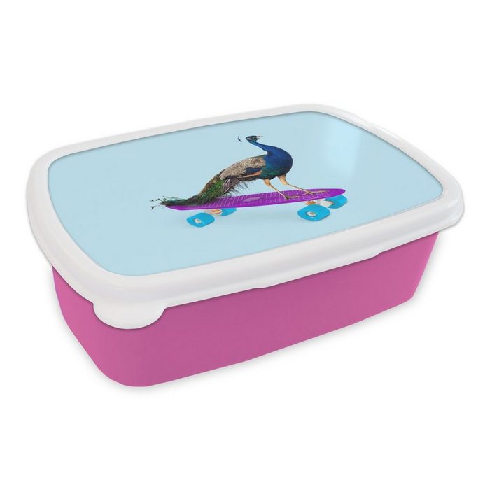 MuchoWow Lunchbox Pfau - Blau - Skateboard - Tiere - Lustig Kunststoff (2-tlg) Brotbox für Erwachsene Brotdose Kinder Snackbox Mädchen Kunststoff