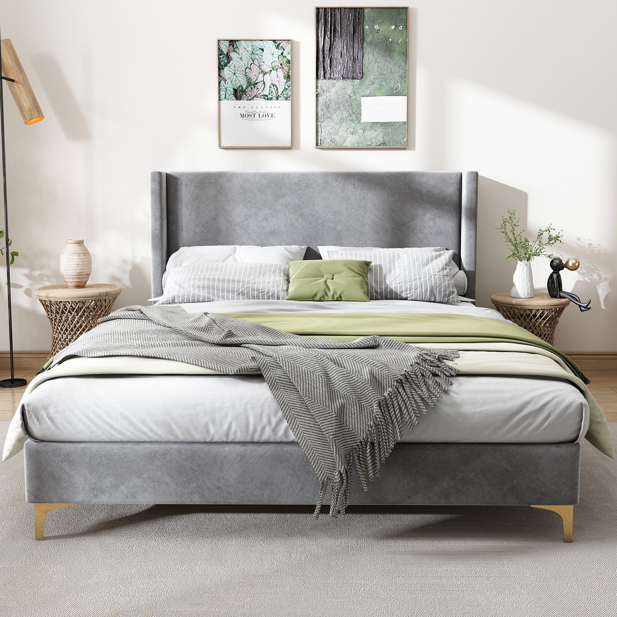 200cm x 140 × goldenfarbigen aus Ulife Doppelbett Samt Beinen Polsterbett Grau), 200cm, (140 Samt, mit