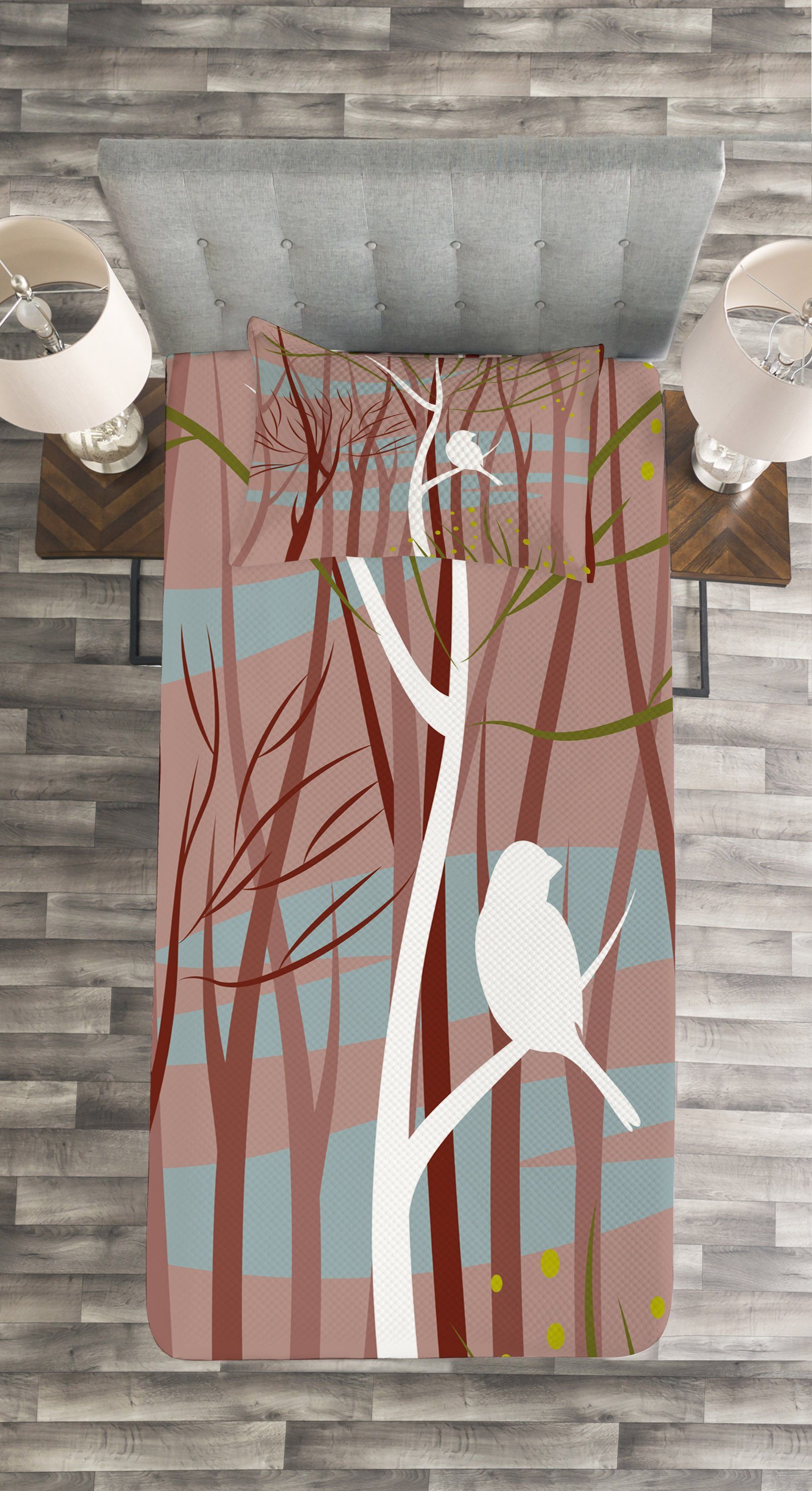 Abakuhaus, mit Waschbar, auf Ast Vogel Tagesdecke Leafless Kissenbezügen Wald Set