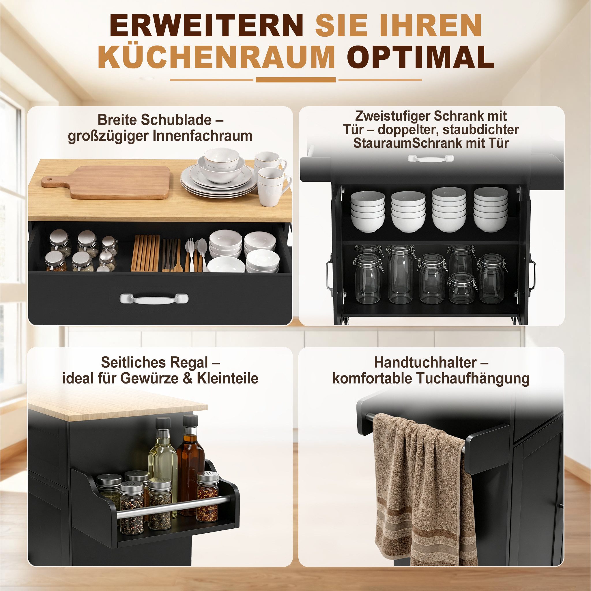 FIVMEN Küchenwagen Kücheninselwagen auf Rollen Küchen Wagen Küchenschrank 115x36x90cm, Für Küche, Wohnzimmer, Esszimmer – Bild 3 von 5