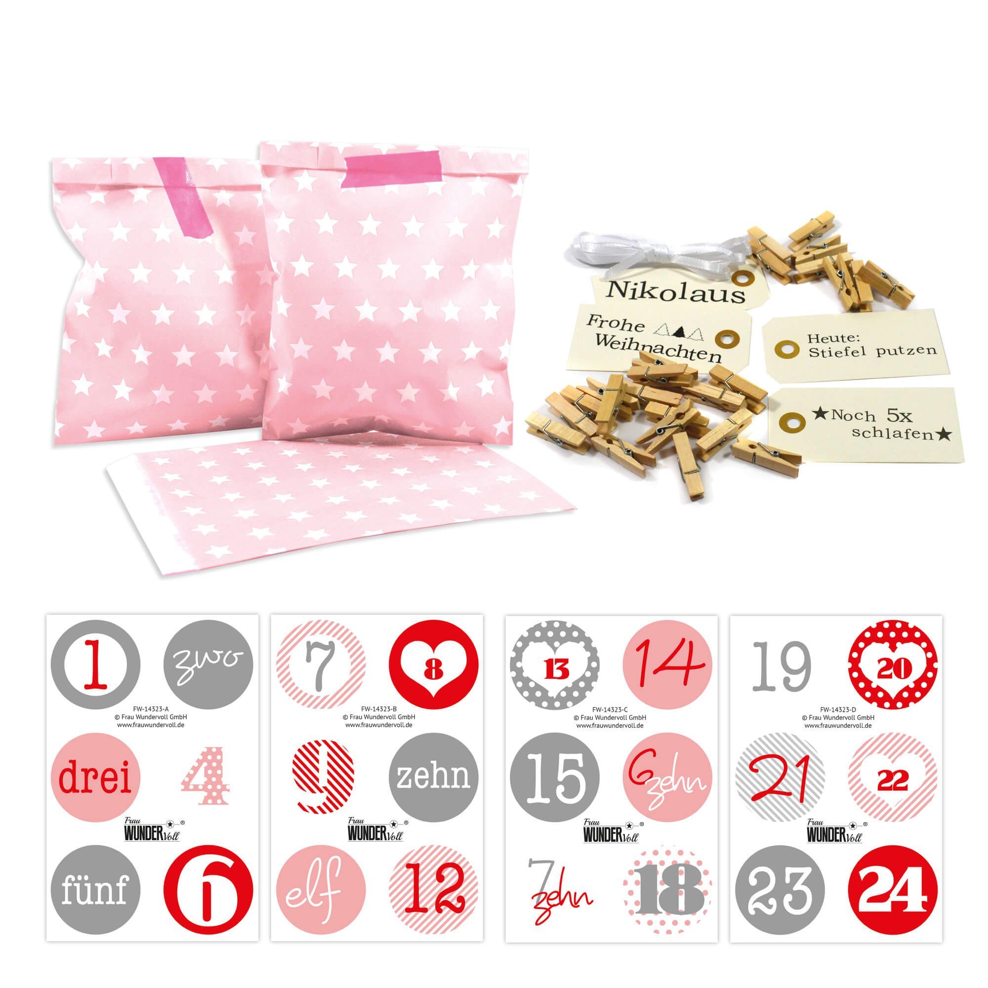 Frau WUNDERVoll befüllbarer Adventskalender Adventskalender Bescherung, rosa Stern, Ziffern rosa-rot