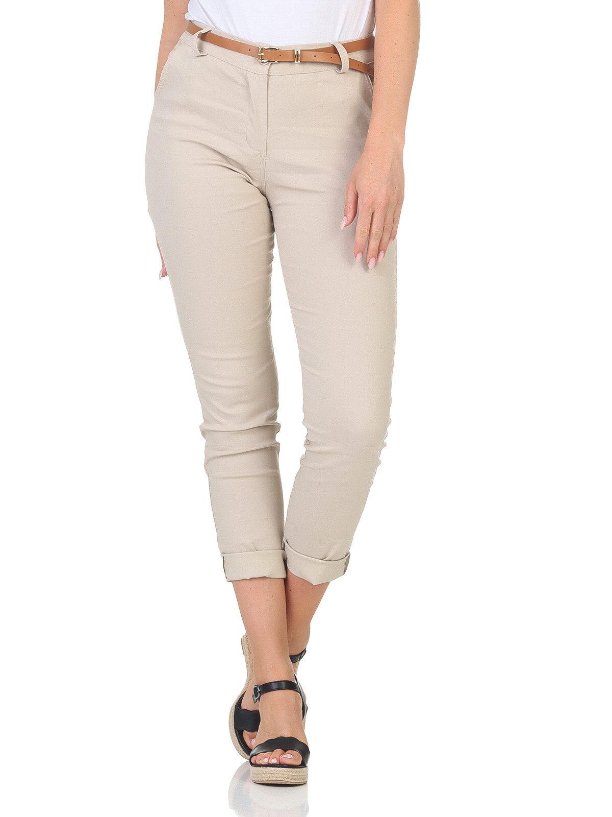 simarada Chinohose Damen Hose Gürtel 1028 L-XL Beige