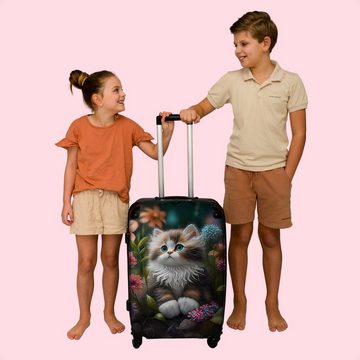 NoBoringSuitcases.com© Koffer Kätzchen - Illustration - Blumen - Natur - Katze 67x43x25cm, 4 Rollen, Mittelgroßer Koffer für Kinder, Trolley