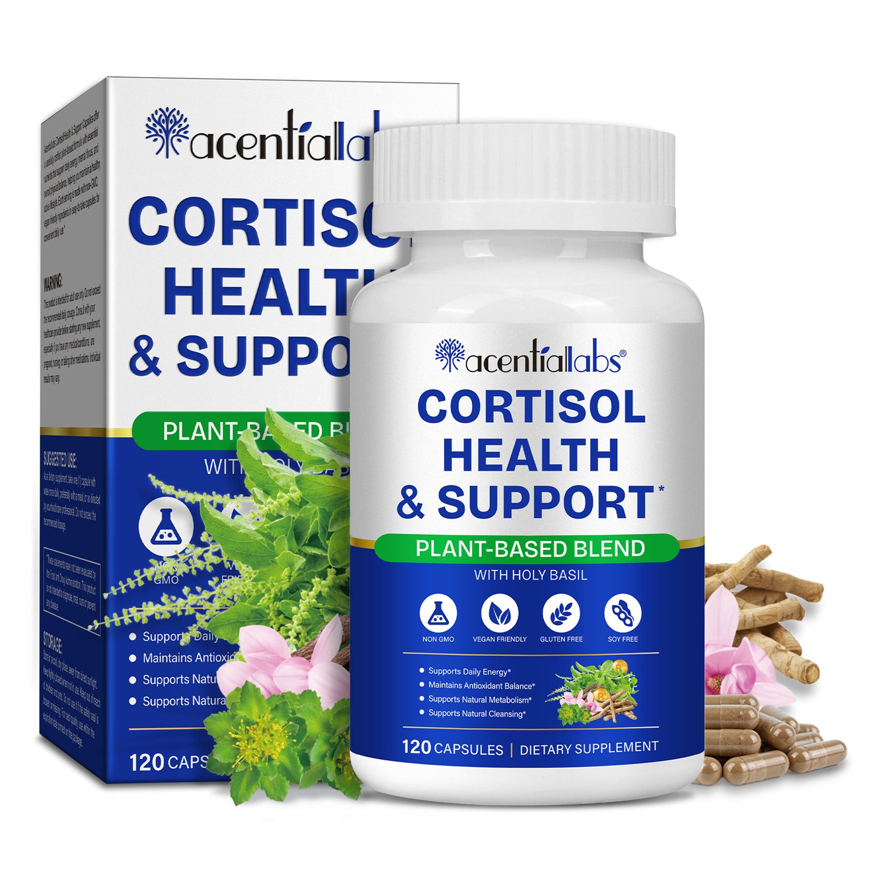 Acentiallabs Cortisol Support Unterstützung Komplex Ashwagandha Magnesium Kapseln, Allgemeines Wohlbefinden, Energiestoffwechsel