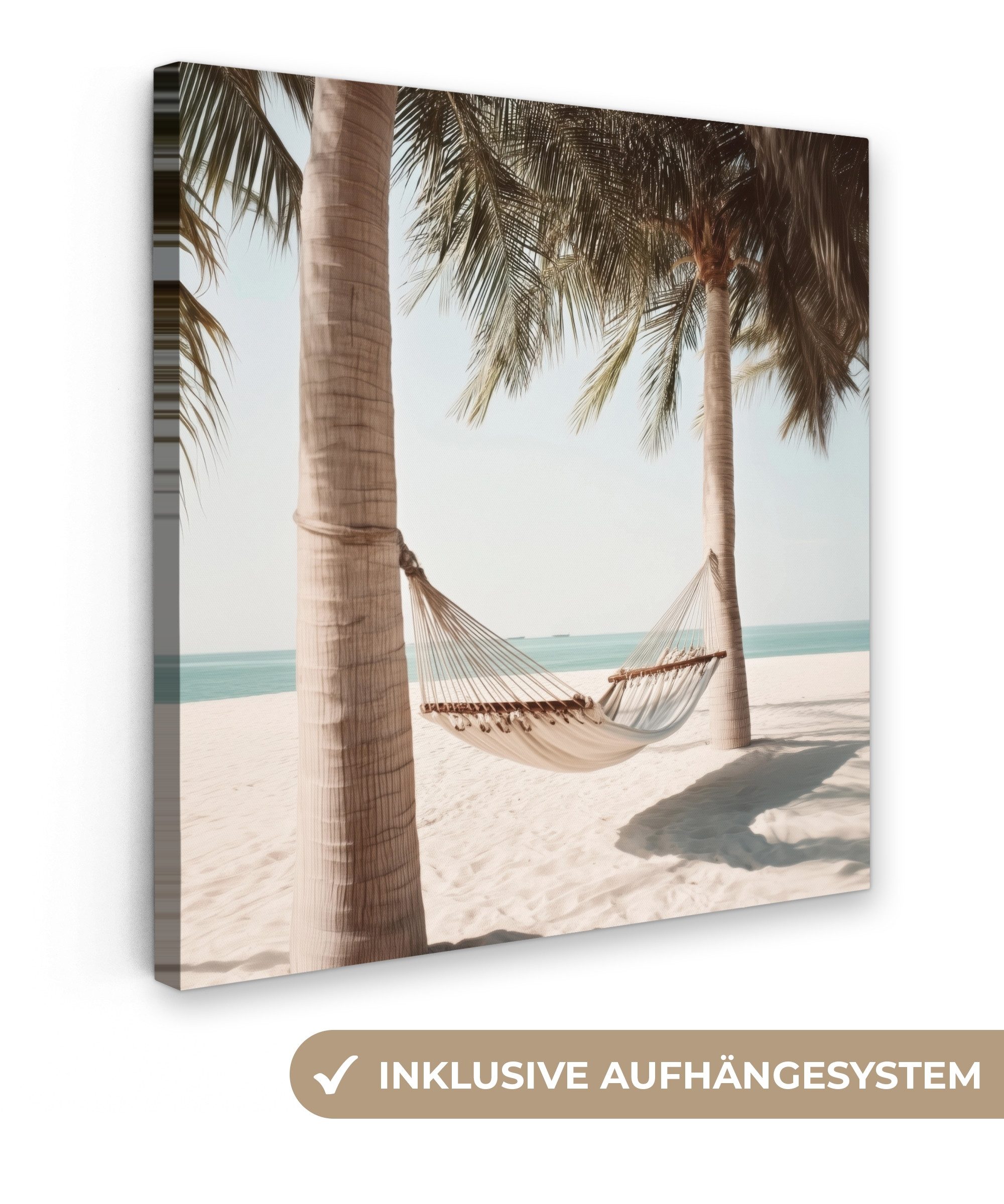 OneMillionCanvasses® Leinwandbild Hängematte - Palmen - Strand - Meer, Fotodruck (1 St), Wandbild, Deko Schlafzimmer Wohnzimmer Flur 20x20 cm
