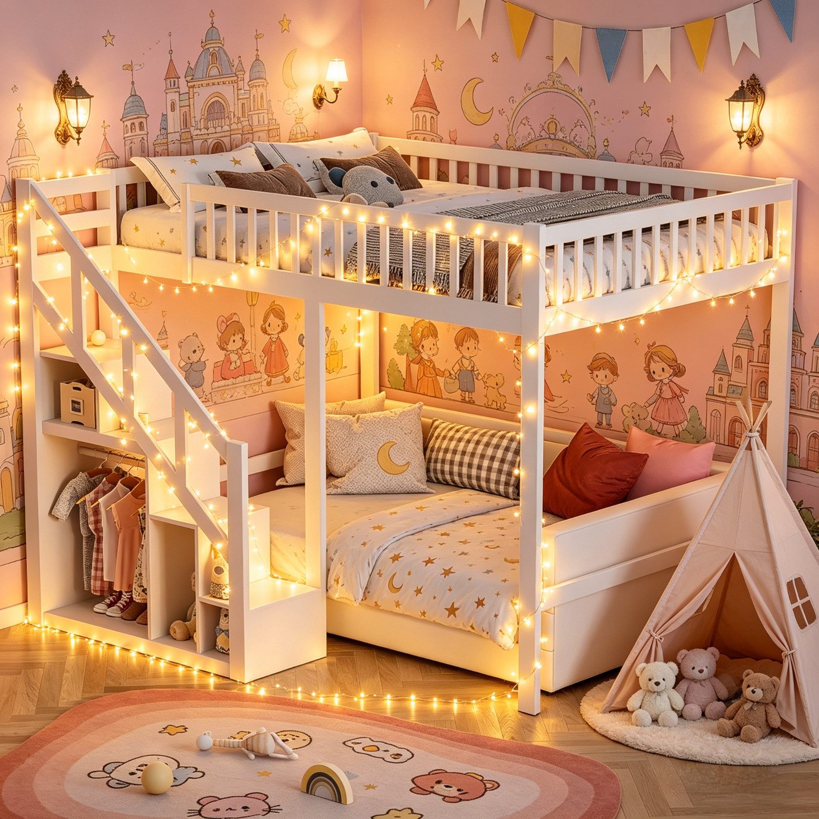 PXloue Hochbett 90/140 x 200 Stauraumbett Kinderbett (ohne LED-Lichtleiste) Holzbett Mit Treppe, Absturzsicherung, Erholungsgebiet, 90x200 cm