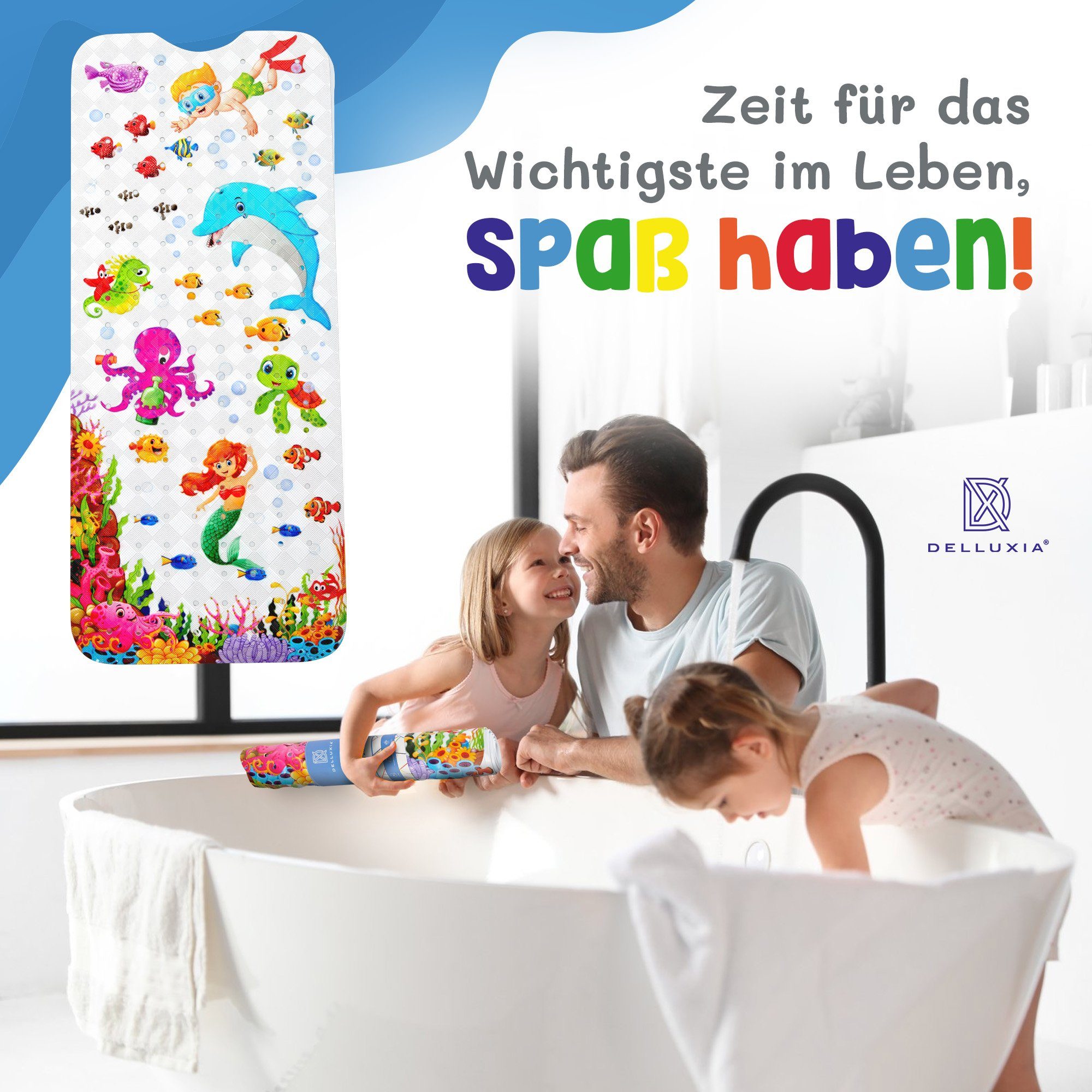 Delluxia Bathtub Mat for Children, Non-Slip, XL, W: 40 cm, L: 100 cm, incl. Hanging Loop, Odorless, Mold-Free, Plasticizer-Free
