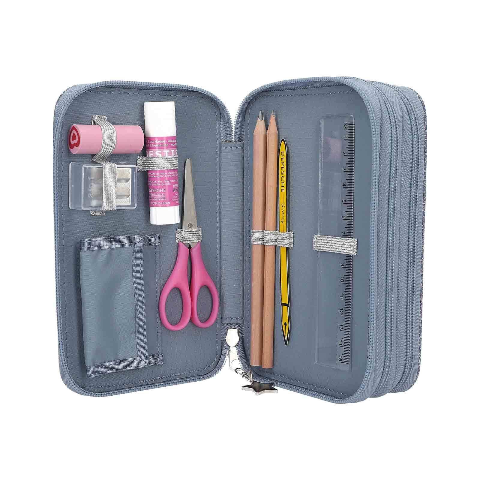 Fisyme Großes Federmäppchen 'Blauer Mond & Wolf' – 24x9,5x15 Cm, Mit Vielen Fächern, Als Make-up-Tasche Nutzbar