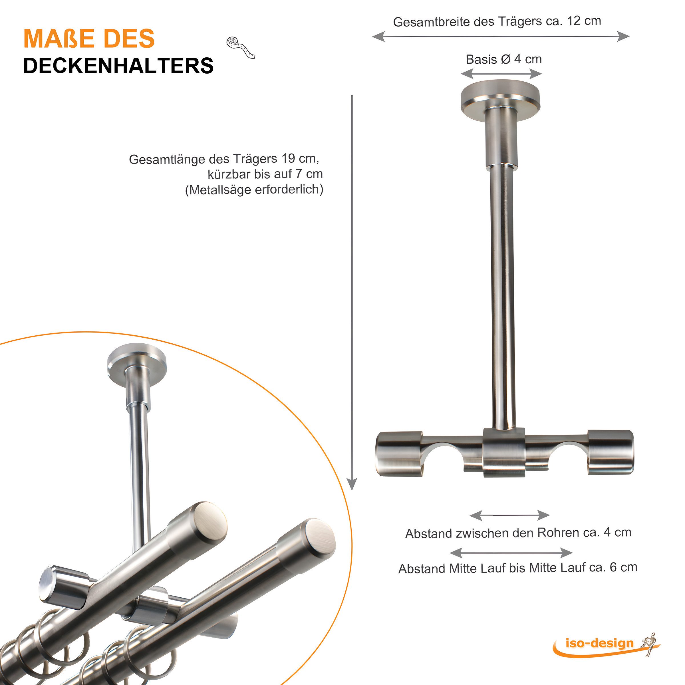 iso-design Deckenträger für Gardinenstangen Deckenhalter 20 mm 2-läufig mit großem Deckenabstand, Träger kürzbar, 20 mm Gardinenstangen, Deckenabstand mit Metal – Bild 2 von 5