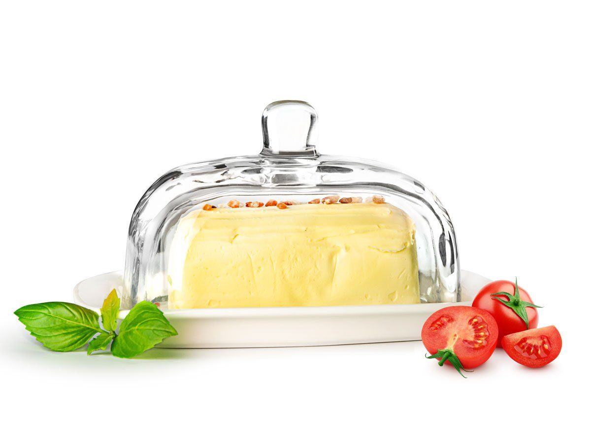 Sendez Butterdose auf Porzellanteller Butterglocke Butterschale  Kühlschrankbutterdose