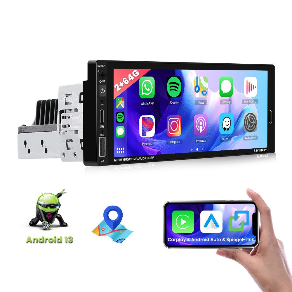 Hikity 1DIN Android 13.0 6.86" HD Touchscreen Monitor 2+64 Universal Player Autoradio (Drahtlos/Kabelgebunden CarPlay, Android Auto, GPS, WIFI, IOS/Android Spiegel Link,Steuerung über das Lenkrad)