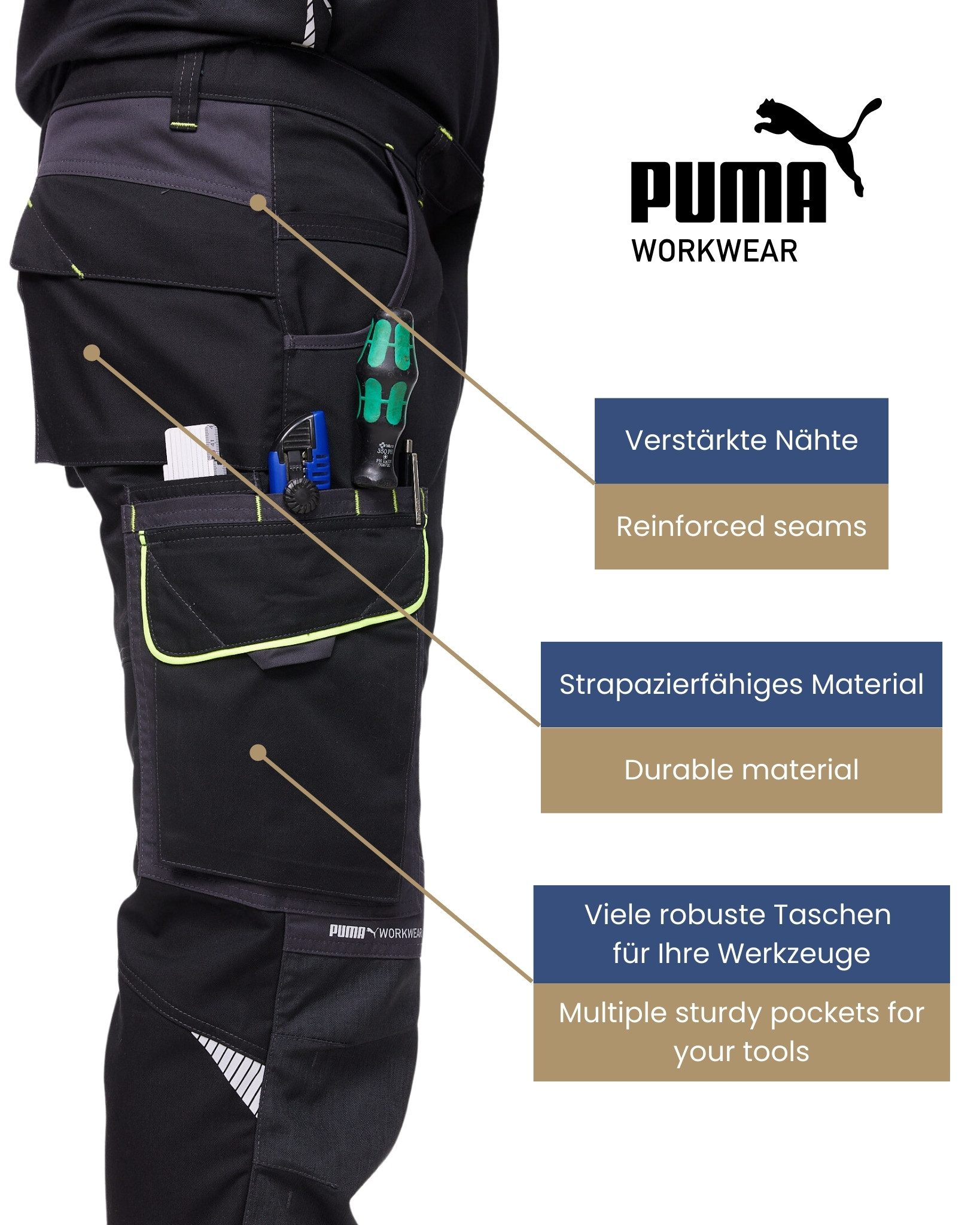 PUMA Workwear Arbeitsbundhose PRECISION X Arbeitshose für Herren - Verstärkte Kniepartien mit vielen Taschen - für Handwerk, Produktion und Baugewerbe