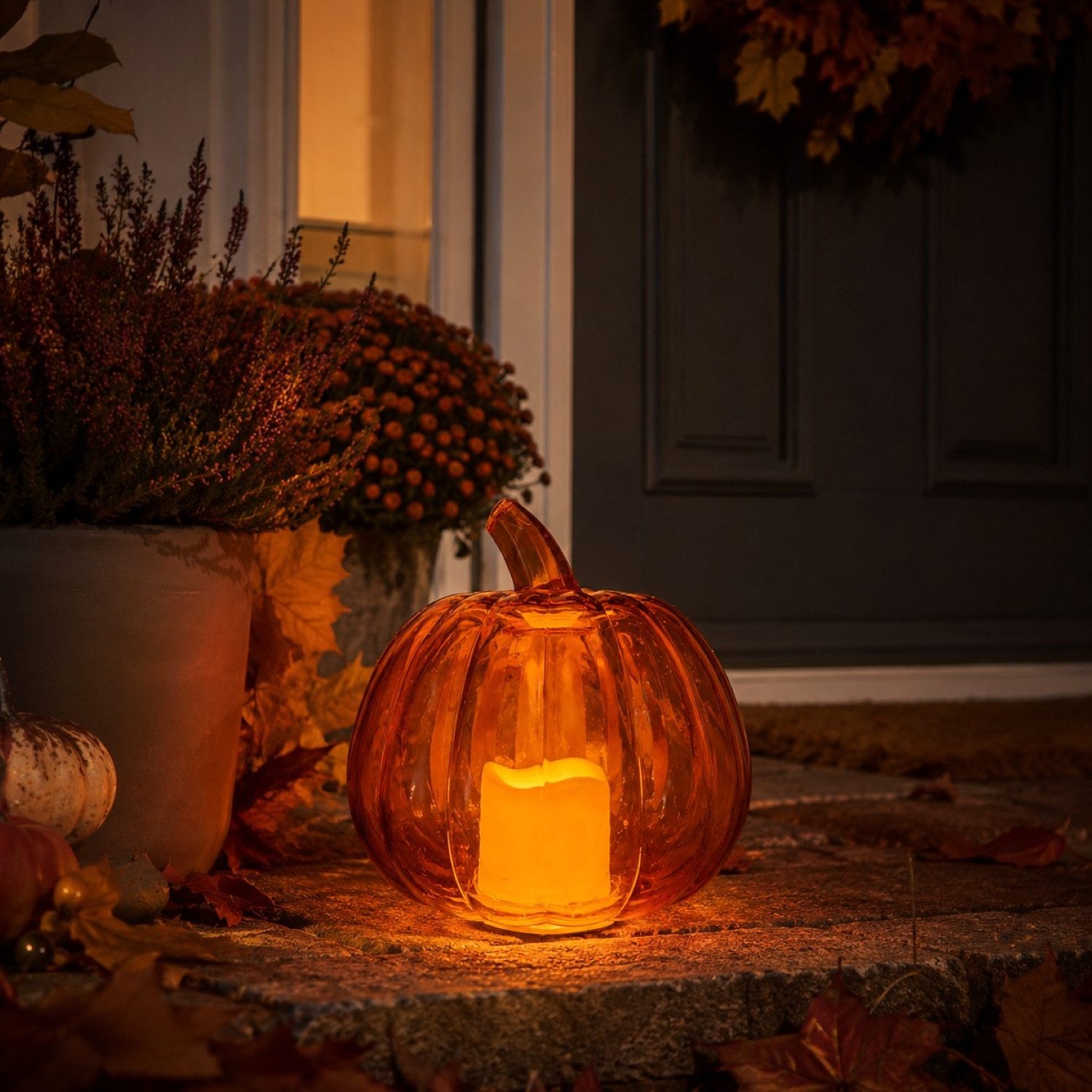 Online-Fuchs LED-Dekofigur Kürbis aus Glas mit LED-Kerze & Timer - Herbstdeko für draußen (Flacker- oder Standlicht wählbar, IP44 Spritzwassergeschützt), für eine stimmungsvolle Atmosphäre und herbstliche Akzente