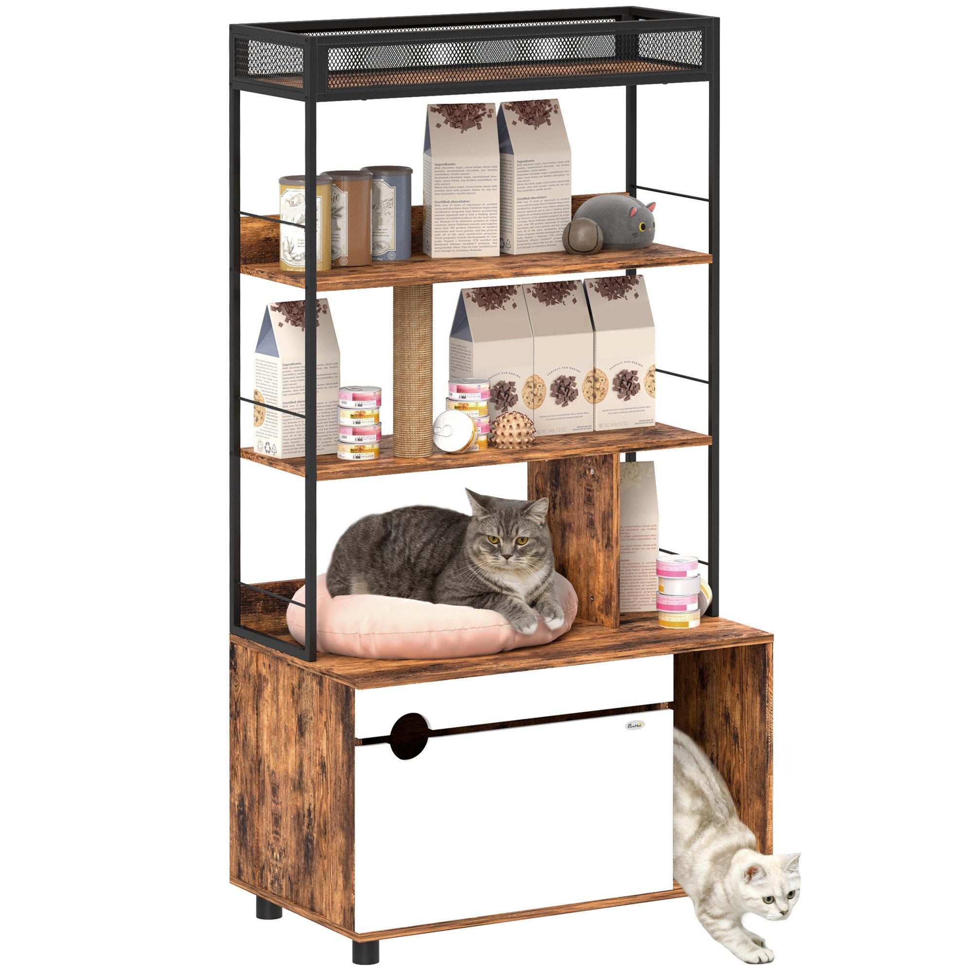 PawHut Tierhaus Katzenklo-Schrank, Katzenschrank, Kratzpfosten, Klapptür, für Katze unter 6 kg, 80 x 48 x 152 cm, Rustikal-Braun