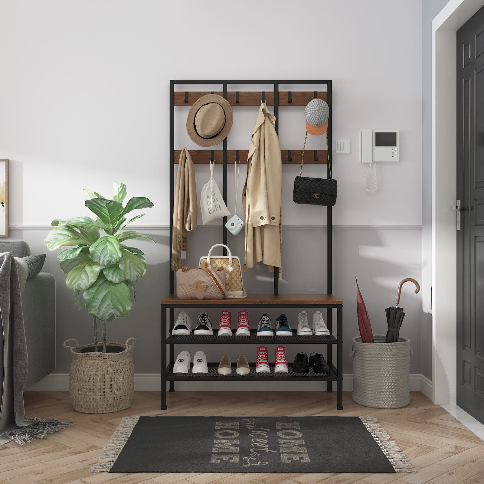 OUNUO Garderobe Garderobenständer mit Sitzbank und Schuhregal Flurregal – Bild 3 von 5