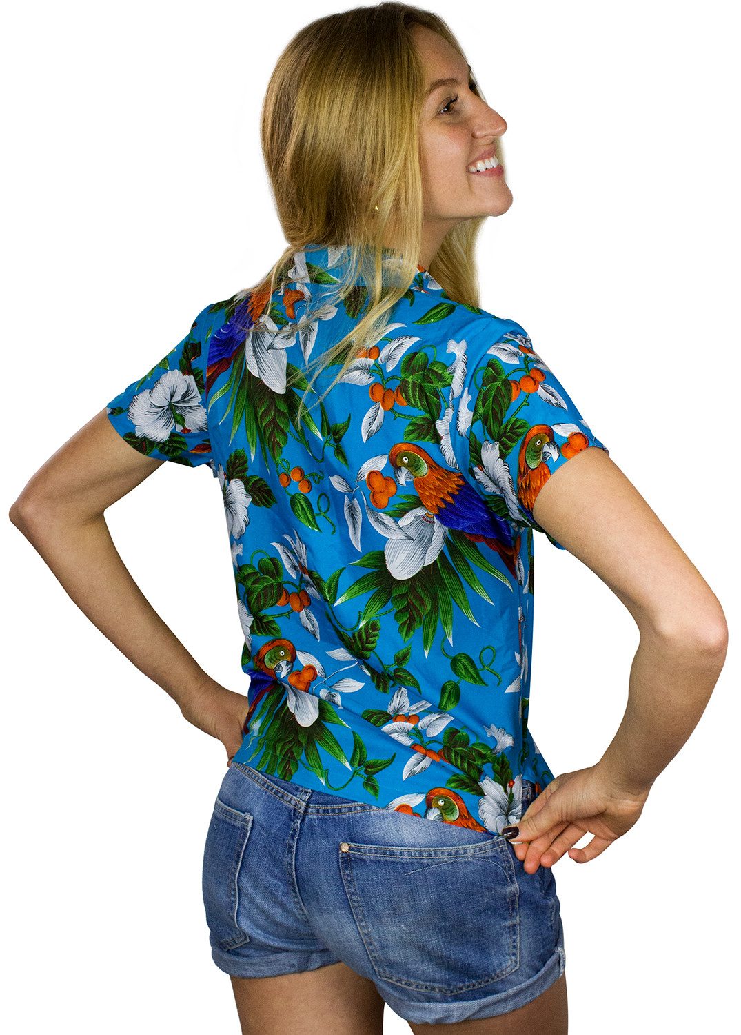 King Kameha Hawaiihemd Cherryparrot Funky Hawaiibluse Damen Kurzarm Front-Tasche Stylish