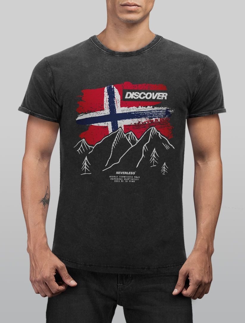 Neverless Print-Shirt Herren Vintage Shirt Frontprint Norwegen Flagge Berge günstig online kaufen