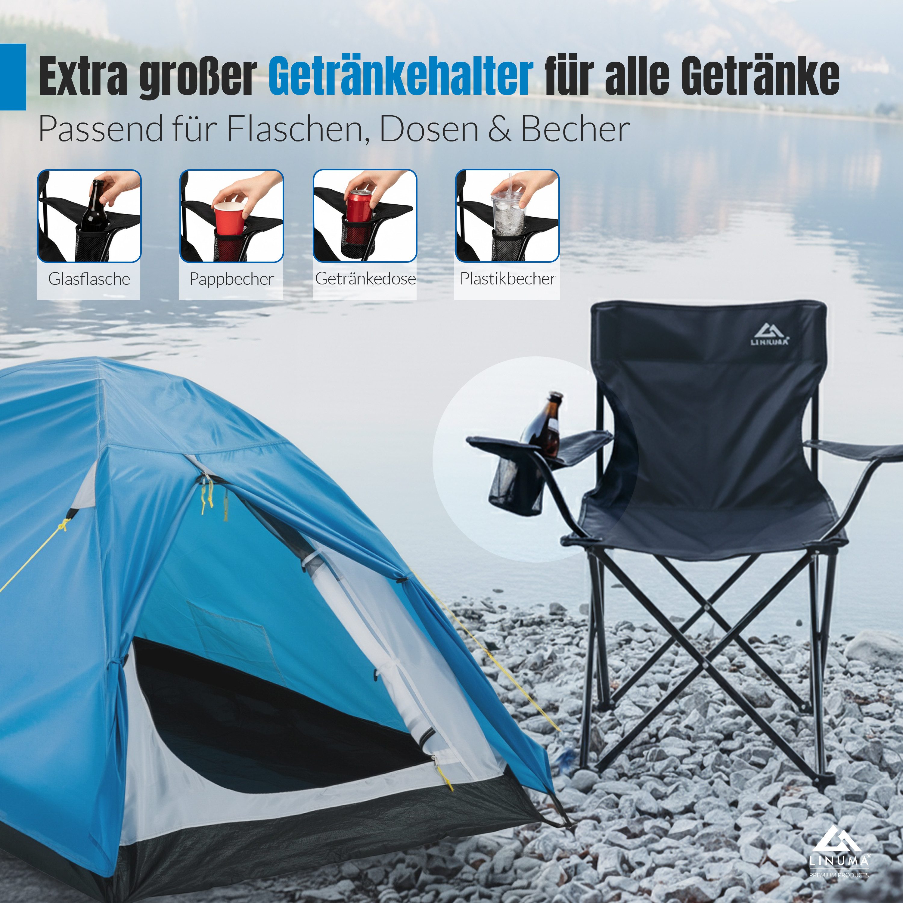 LINUMA Campingstuhl faltbar mit extra großem Getränkehalter, stabiler Klappstuhl schwarz (1 St), Faltbarer Campingstuhl mit XL-Getränkehalter für Festival & Outdoor