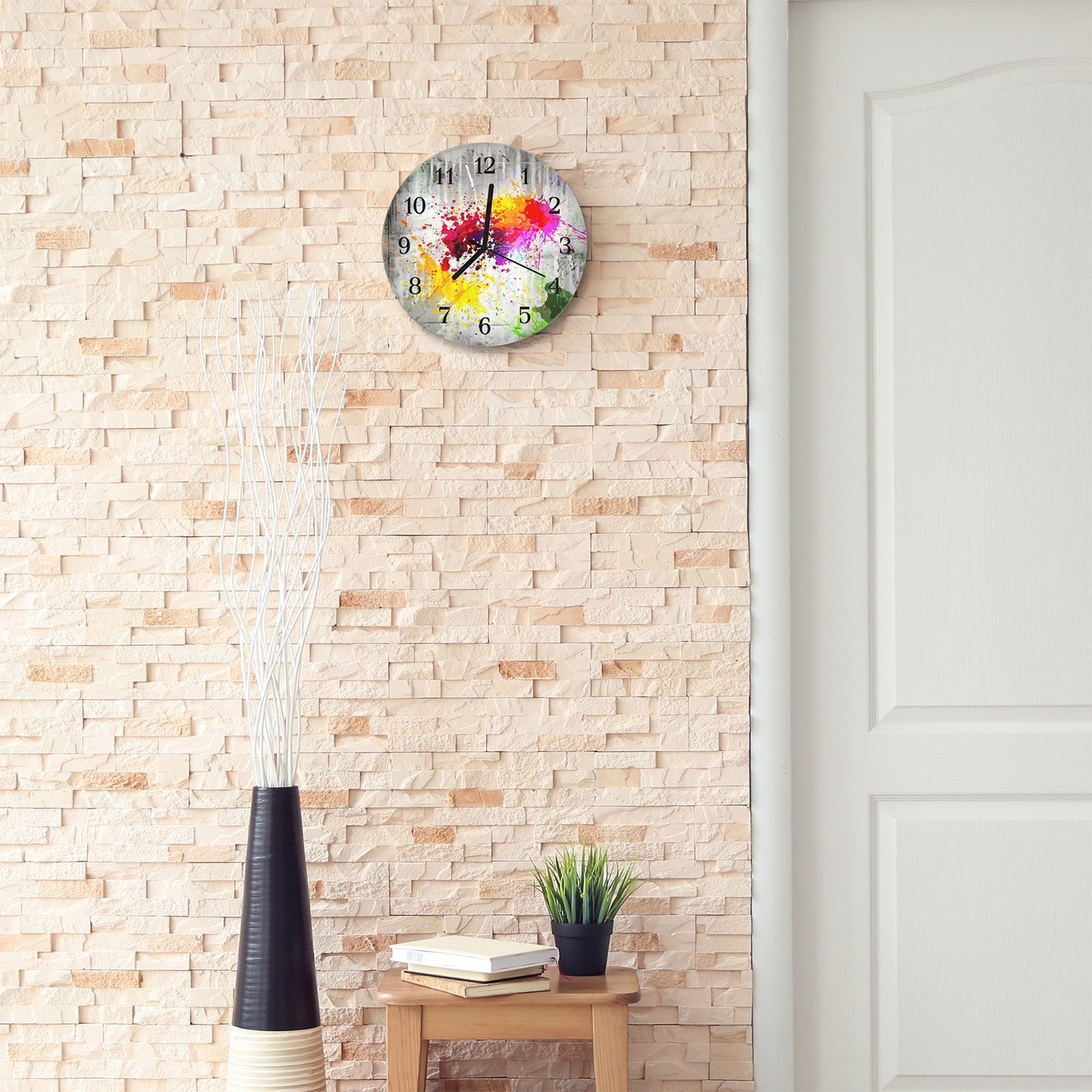 cm Wanduhr mit Durchmesser mit Wanduhr Rund Betonwand Primedeco und Glas 30 - Quarzuhrwerk aus Tintenspritzer Motiv