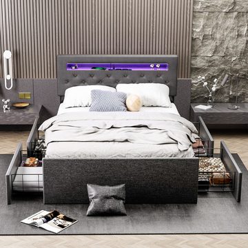 OULENBIYAR Polsterbett Doppelbett mit Matratze, 140x200 cm, ausziehbare Schubladen, LED-Licht, mit Lattenrost & Kopfteil, Ladefunktion, Leinenmaterial, geräuschlos