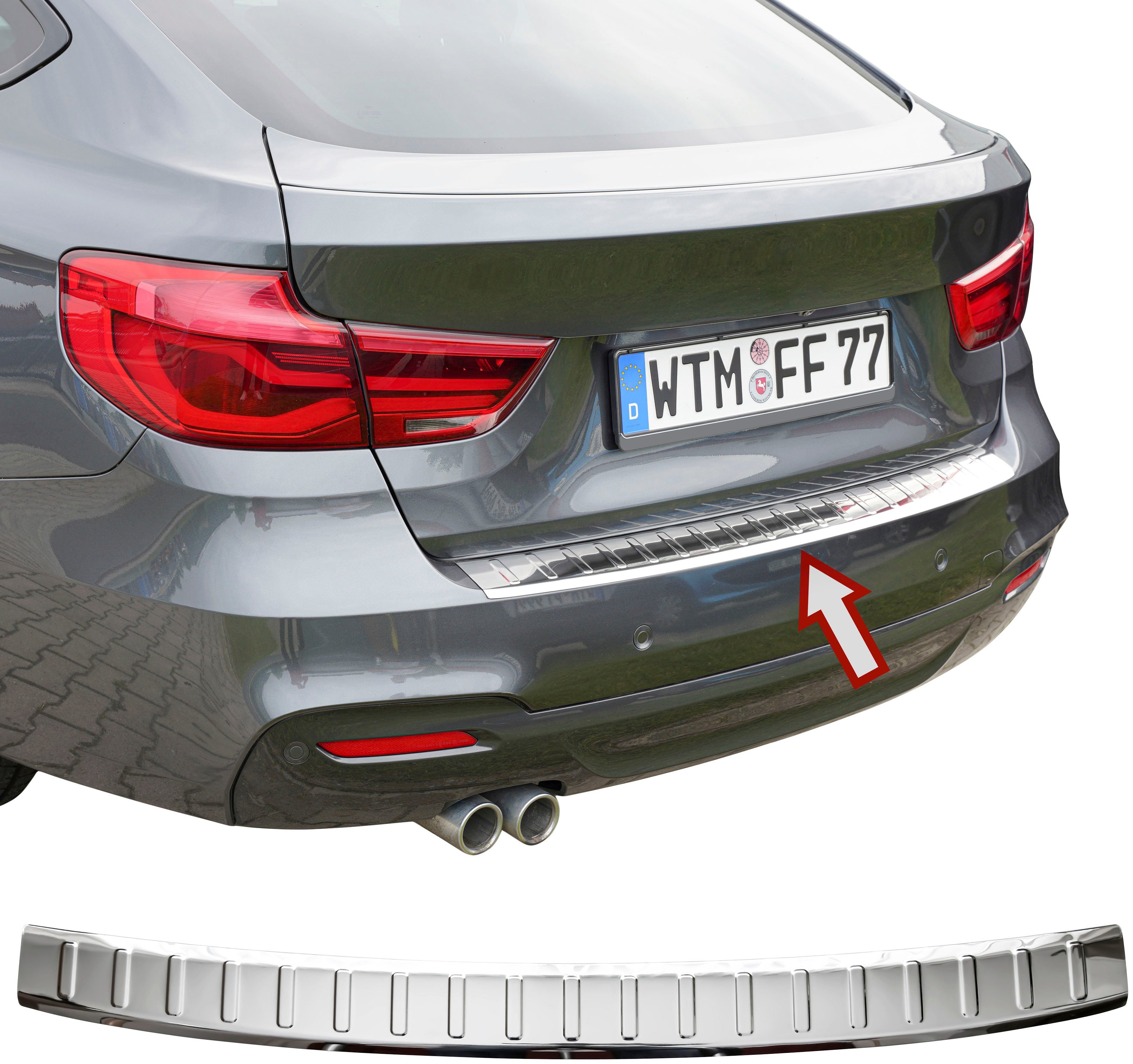 für poliert, Edelstahl BMW 2013-2020, F34, RECAMBO 3er GT, chrom Ladekantenschutz, mit Zubehör Abkantung