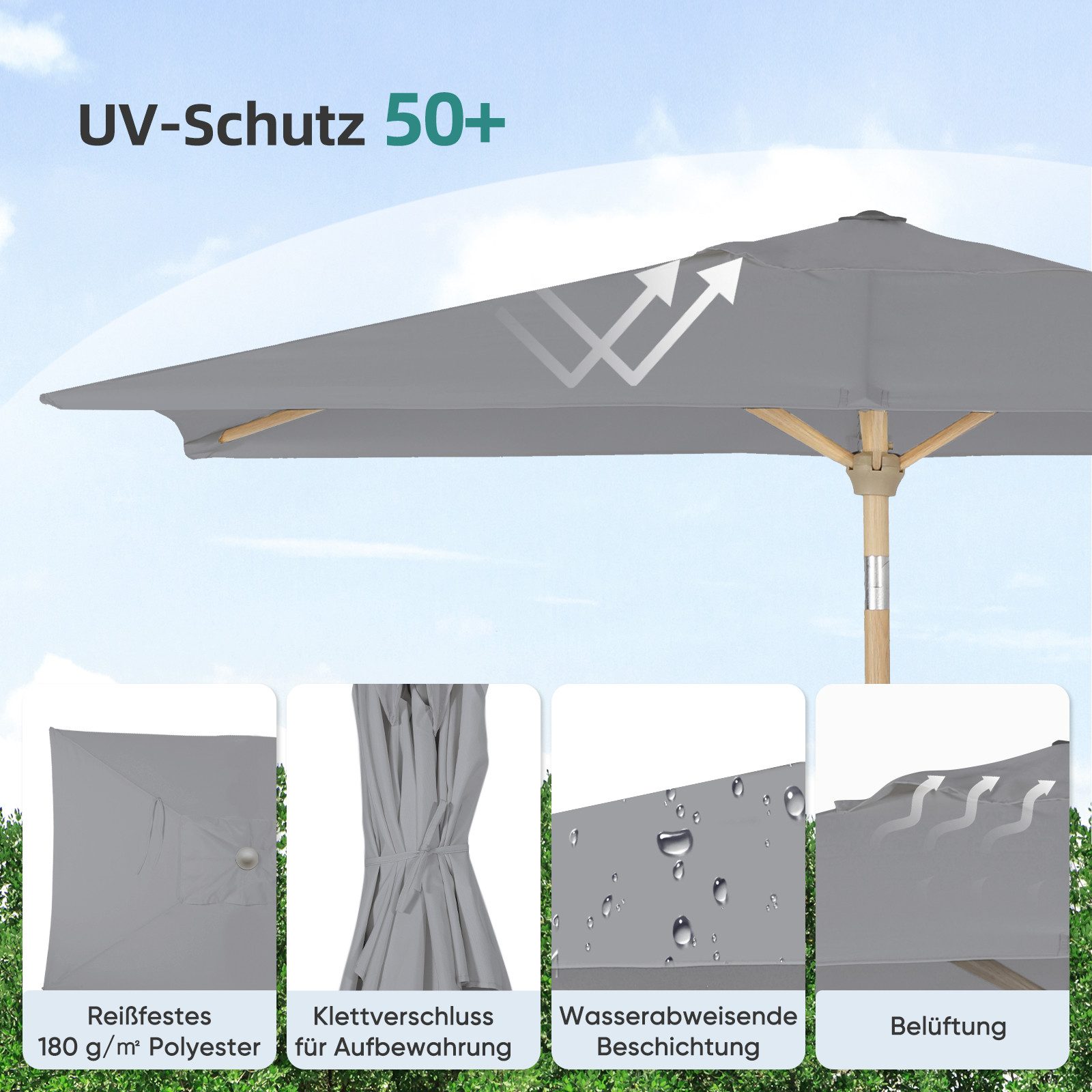 Sekey Sonnenschirm 210 x 140cm Aluminium Balkonschirm Rechteckig in Holzoptik, mit Kurbel, LxB: 210,00x140,00 cm, Sonnenschutz UV50+ – Bild 4 von 5