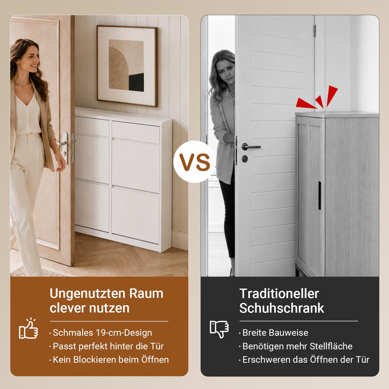 SoBuy Schuhschrank FSR169, Schuhkipper Schuhschrank schmal, Schuhregal, Schuhkommode mit 4 Klappen, 2 Schubladen, perfekt für schmale Flure, für 10 Paar