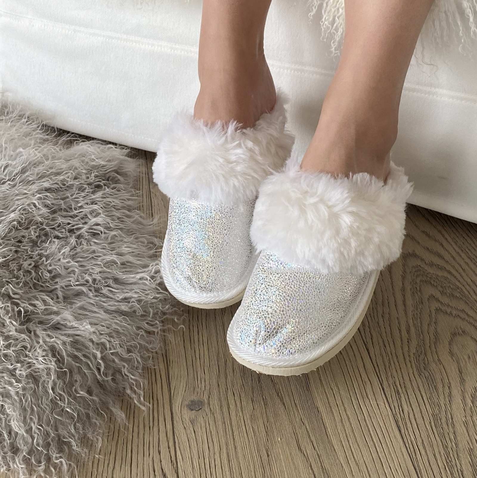 Hollert Malibu Glitzer Pantoffel dick gefüttert, aus echtem Leder, Merino Lammfell