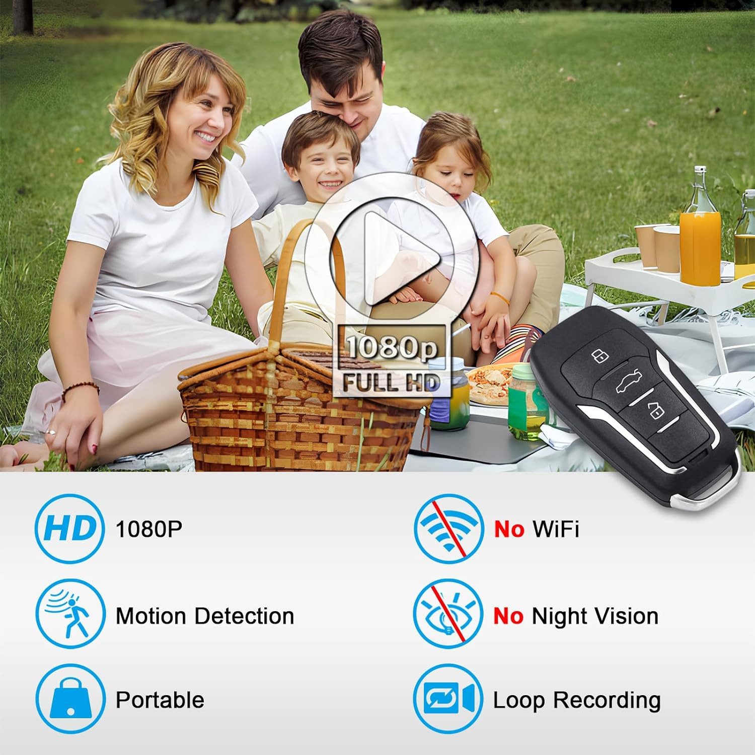 SpionProfi Überwachungskamera 64GB Mini Kamera Autoschlüssel Video Ton Aufnahme Auto Haus (Innenbereich, Außenbereich, 1-tlg., Versteckte Kamera Mini Spycam Spion Cam für Haus, Auto, Zimmer)