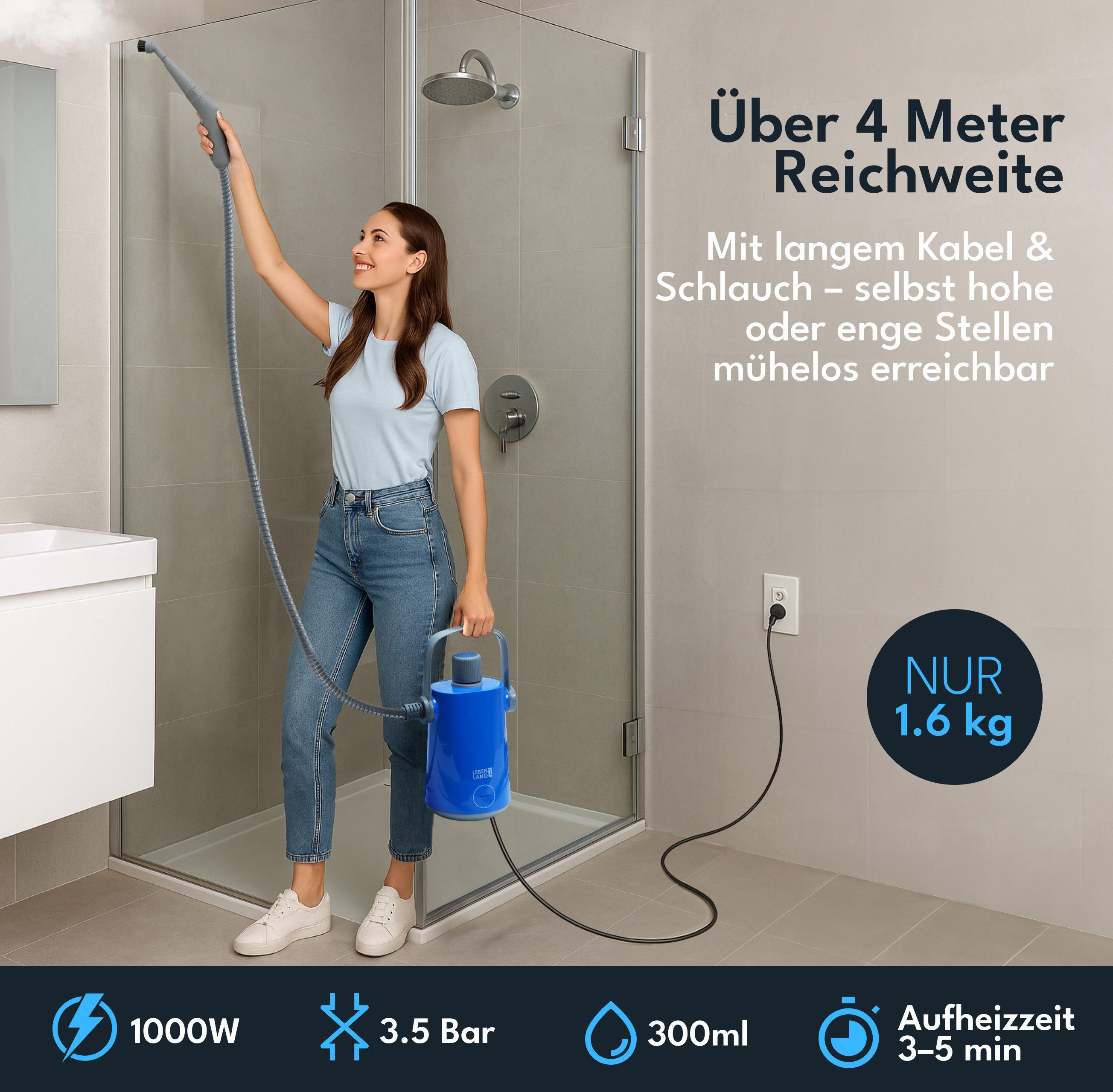 Lebenlang Dampfreiniger Handgerät Steam Cleaner Dampfreiniger, 1000,00 W, Kraftvolle 1000W Leistung I Großer 300ml Tank I Inkl. 10x Zubehör