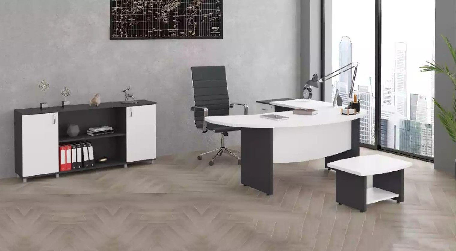 Xlmoebel Büromöbel-Set Moderne 3-teilige Büromöbelgarnitur für Arbeitsplatzgestaltung, (3-tlg., Eckschreibtisch, Couchtisch, Schrank), Made in Europa