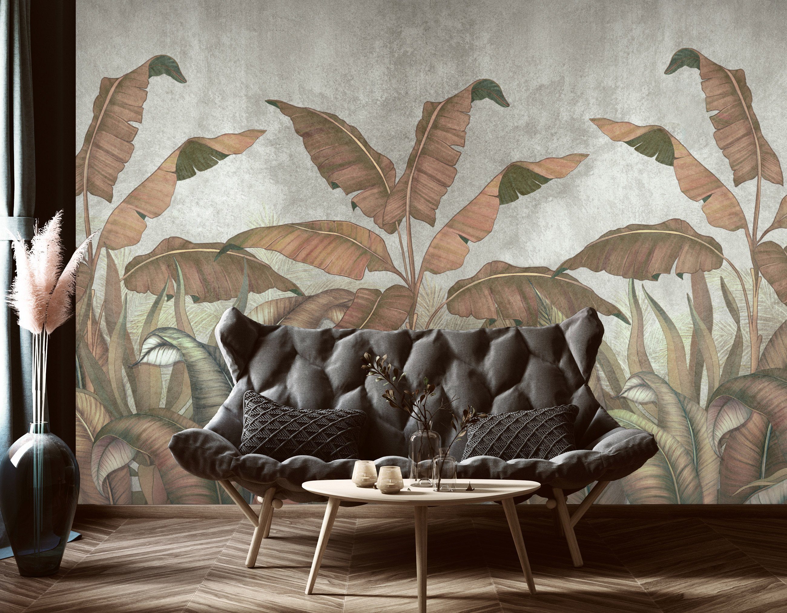 Wand, Wallarena Schlafzimmer Blätter Kleister Beton botanisch, inklusive Fototapete Tapete Vlies Vliestapete Wohnzimmer Glatt, Dschungel