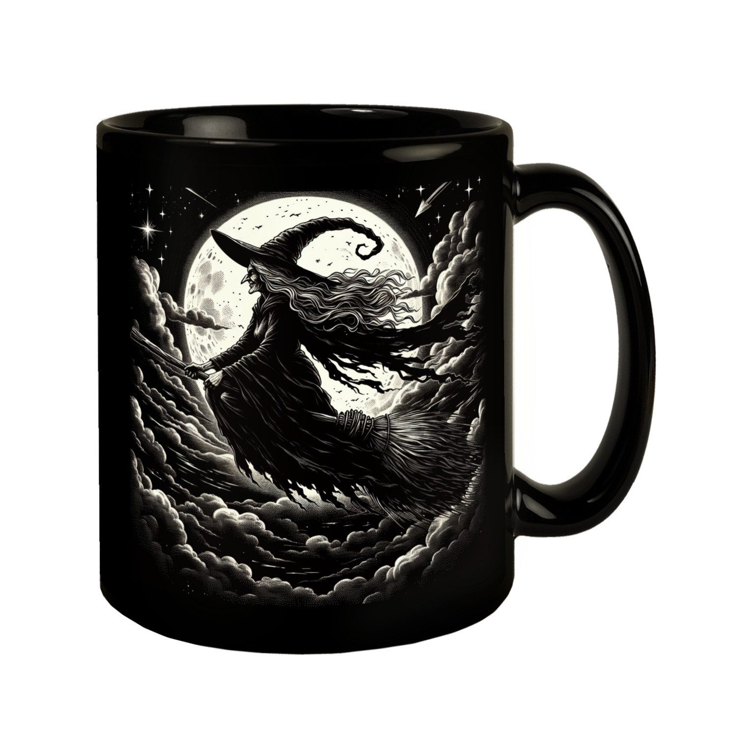 Tasse Hexe vor dem Vollmond Tasse schwarz in Schwarz