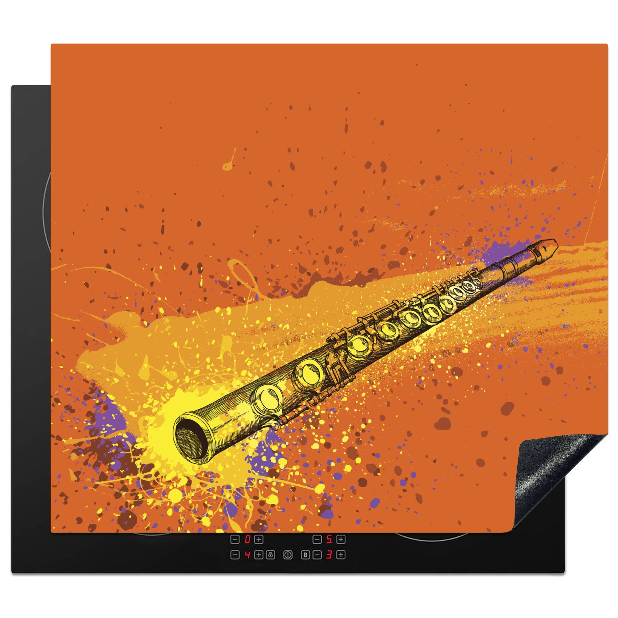 MuchoWow Herdblende-/Abdeckplatte Illustration einer Flöte mit Farbspritzern um sie herum, Vinyl, (1 tlg), 60x52 cm, Mobile Arbeitsfläche nutzbar, Ceranfeldabdeckung
