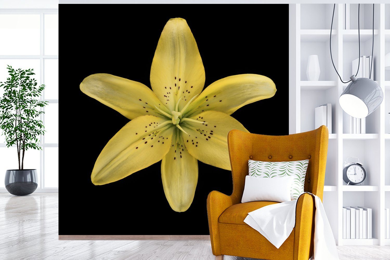oder für Eine Wohnzimmer (5 gelbe Matt, bedruckt, Tapete Schlafzimmer, Vinyl auf St), Wandtapete Fototapete MuchoWow Lilienblüte Hintergrund, schwarzem