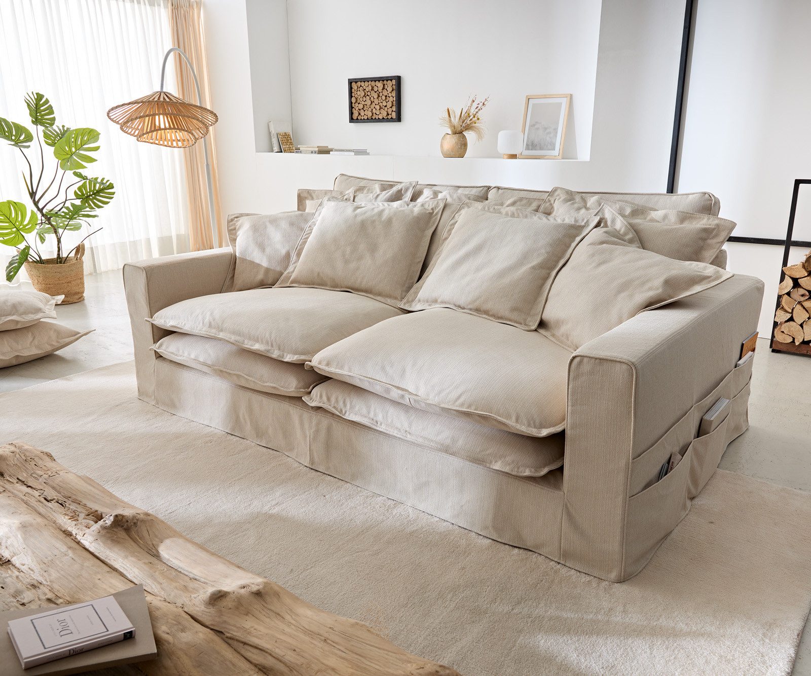 DELIFE Big-Sofa Noelia, Elfenbeinfarben 240x145 cm mit Kissen Hussensofa Sofa Couch